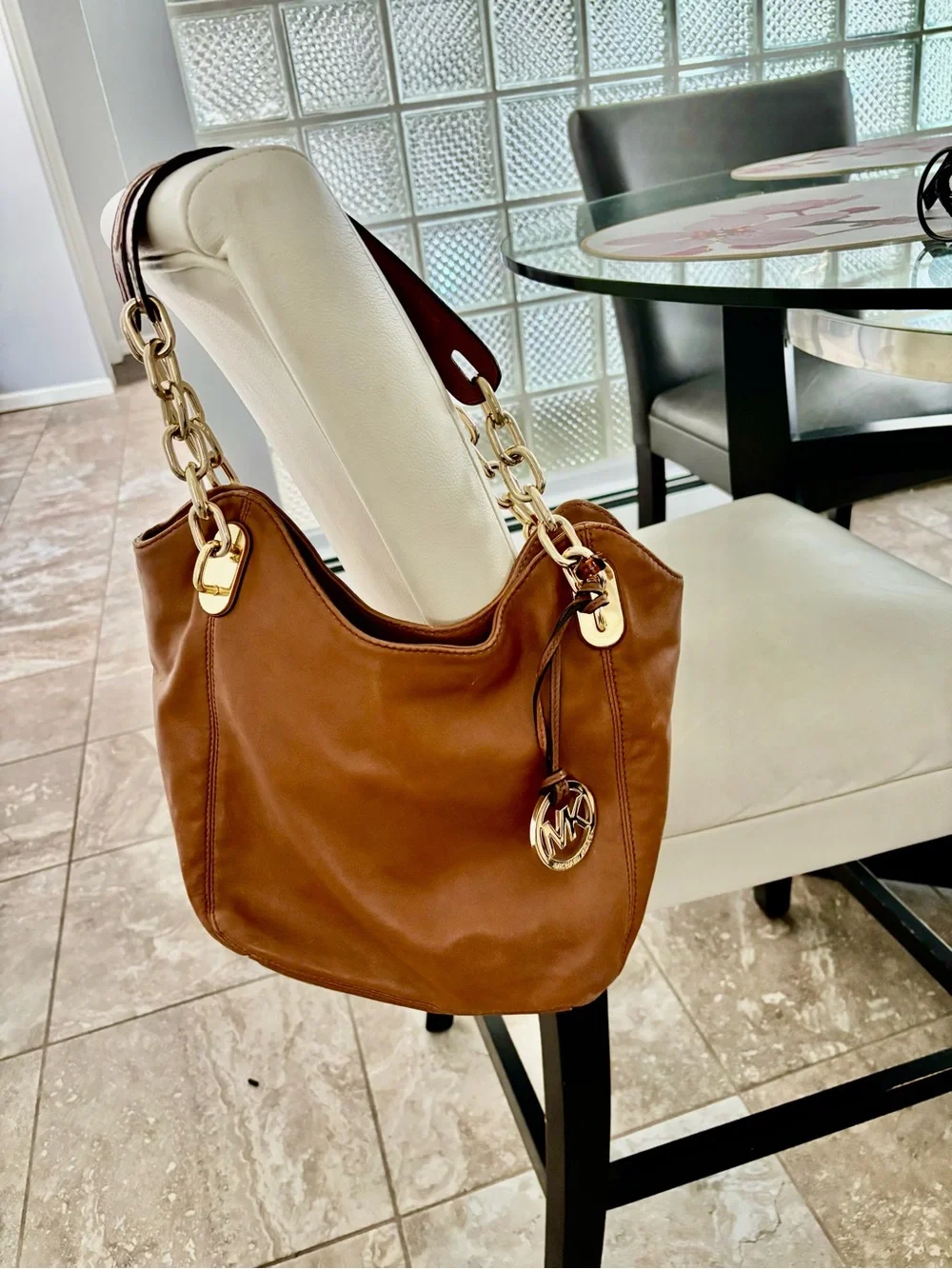Michael Kors Brown Leather Hobo Bag with Gold Hardware